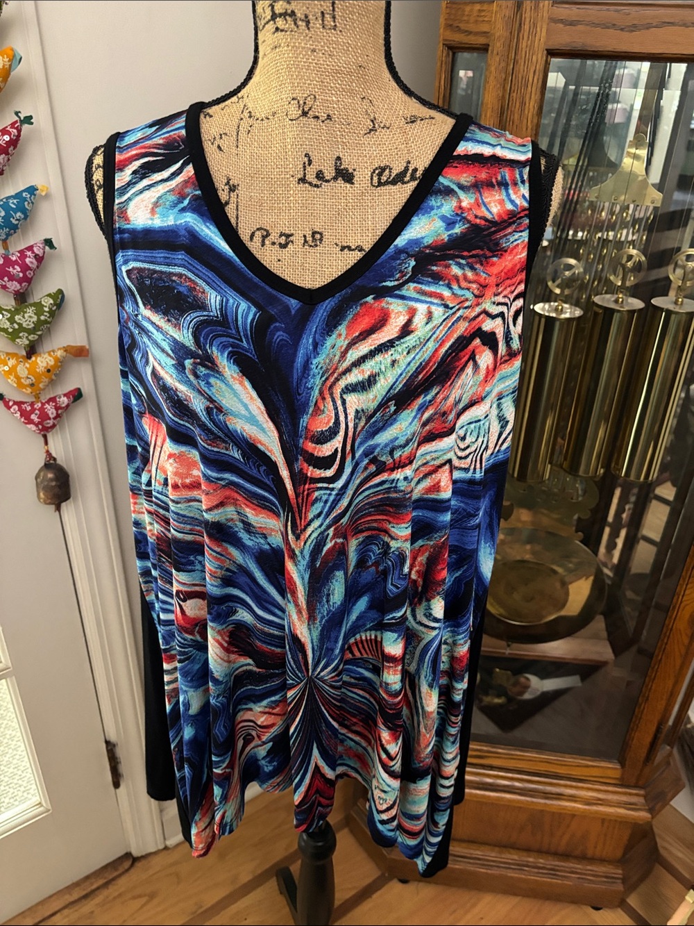 Karen Kane Sleeveless V-Neck Tank in Blue, Red & Aqua Swirl